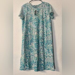 J. Jill Blue and Green Paisley crew neck Tshirt dress 2 pockets